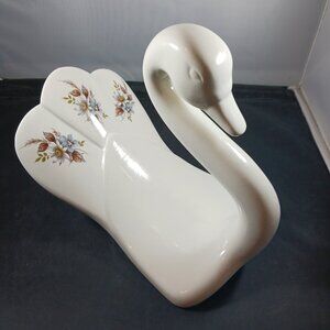 Vintage 40’s Ceramic Swan Bathroom Hand Towel Holder White With Flower Decal